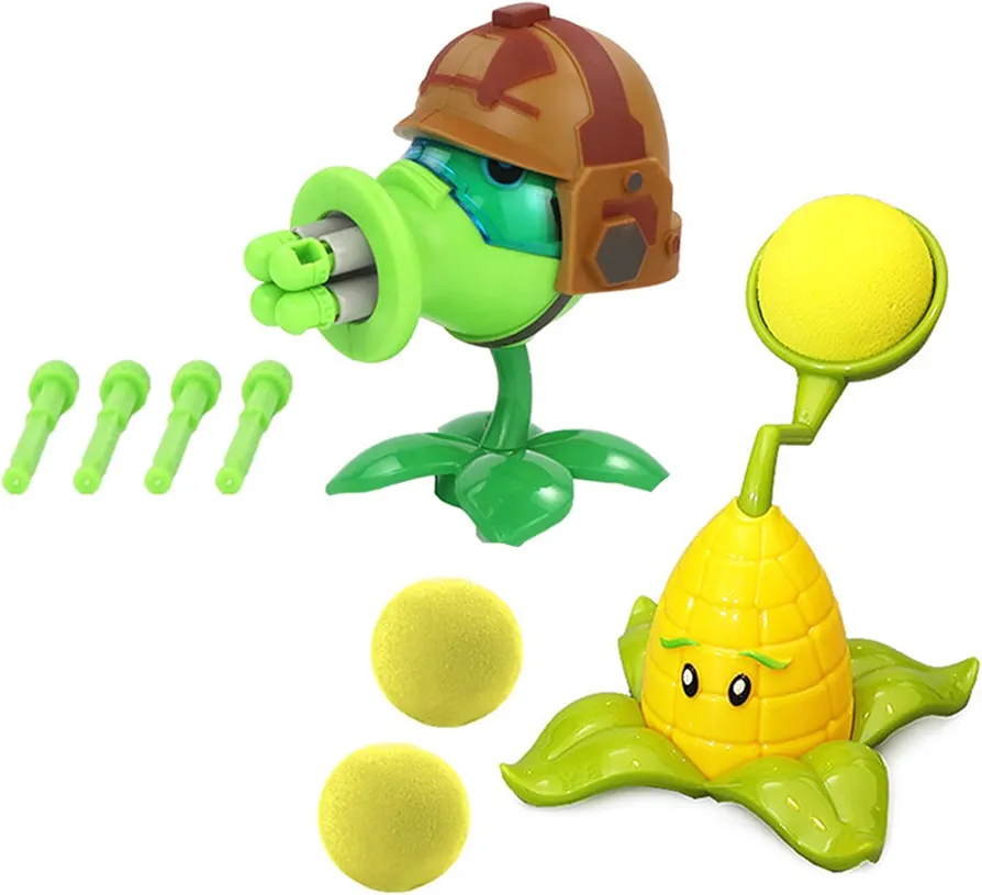 2 PCS Plant and Zombies Toys Action Figures Zombies PVZ Toys Set 1 2 Series Soft Pea Corn with 5 Shoot Head Great Gift for Christmas, Birthday New