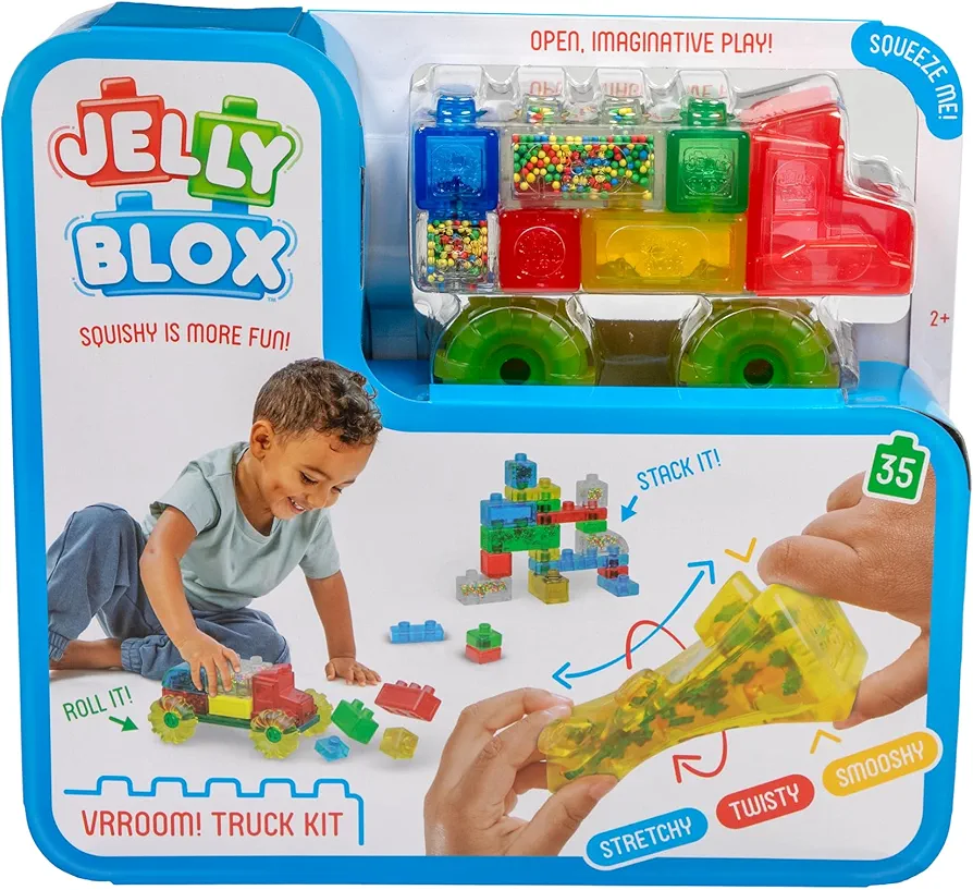 Goliath Jelly Blox Vrooom! Truck Kit | includes 35 Blocks | Toddler & Preschool Building Blocks Kids Can Squeeze, Stretch, Squish | Safety Tested & Ouch-Free | Tactile, Sensory Play for Ages 2+