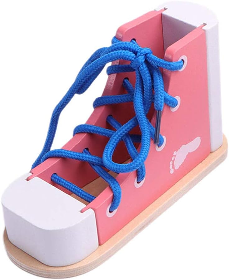 NUOBESTY Learn to Tie Shoes Wooden Lacing Shoe Toy Shoelaces Tying Toy Teaching Kit for Kids, Blue