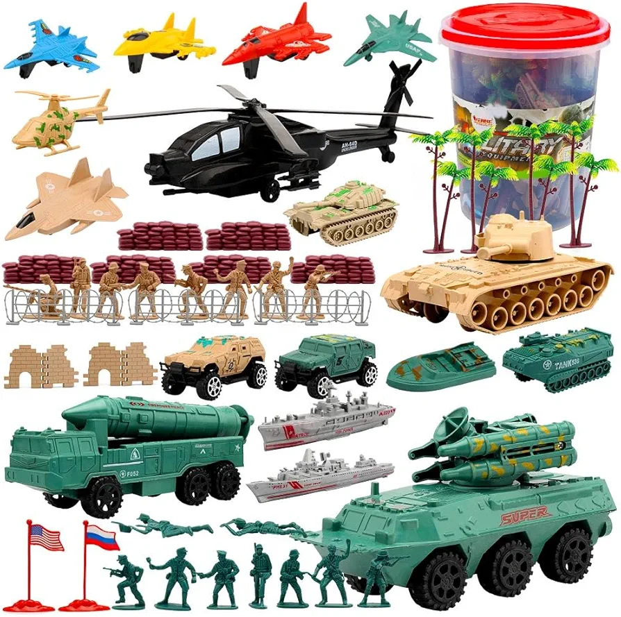 ViiKONDO Army Men Toy Military Playset Green vs Tan Soldier 57pcs Storage Bucket Epic Sea Land Air Warfare with Armored Vehicle Helicopter Warship Model Wargame Gift for Kids