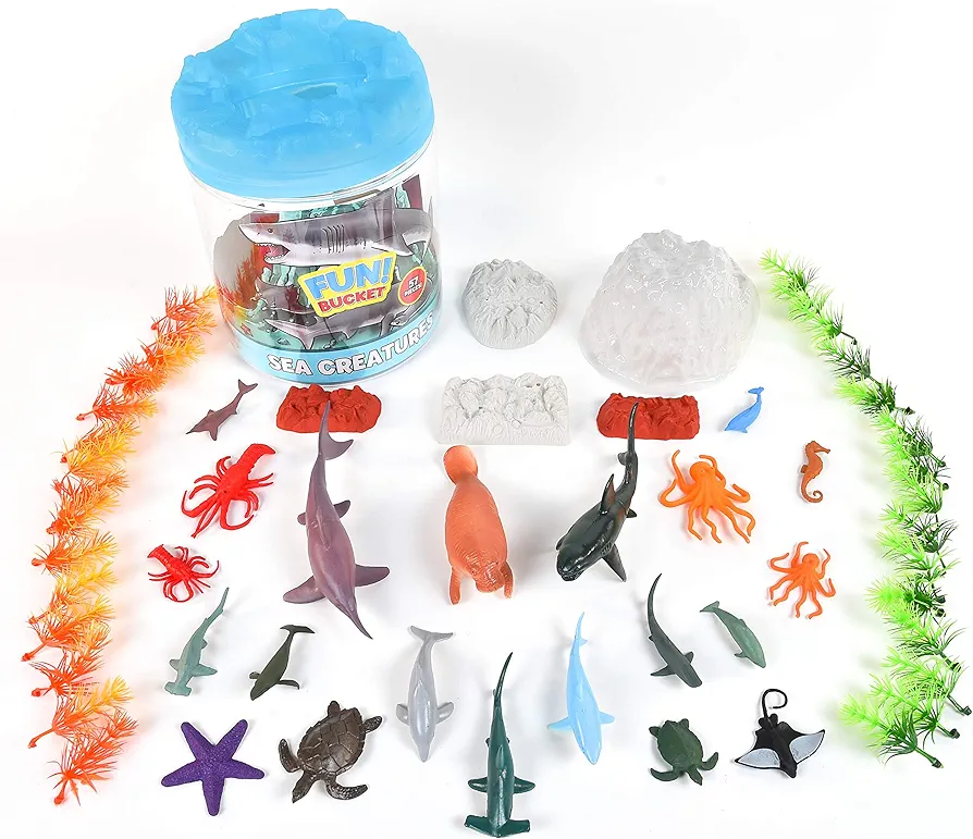 Sunny Days Entertainment Sea Creature Bucket – 56 Piece Toy Play Set for Kids | Aquatic Animals Plastic Figures Playset with Storage Bucket