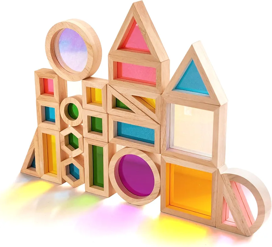 Wooden Rainbow Building Blocks for Kids 32 Pcs Rainbow Stacker Stacking Blocks Game Colorful Construction Toys Preschool Learning Educational Toys -Geometry Wooden Blocks for Boys & Girls