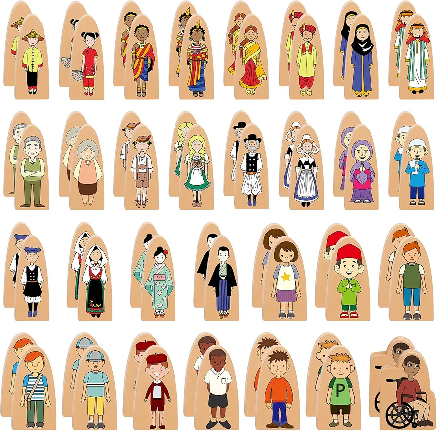 60 Pcs Small Wooden Blocks Multicultural 2 Sets Wooden Character Set Cute People Toys Double Sided Wooden People Figures for Classroom Diversity Creative Educational Learning