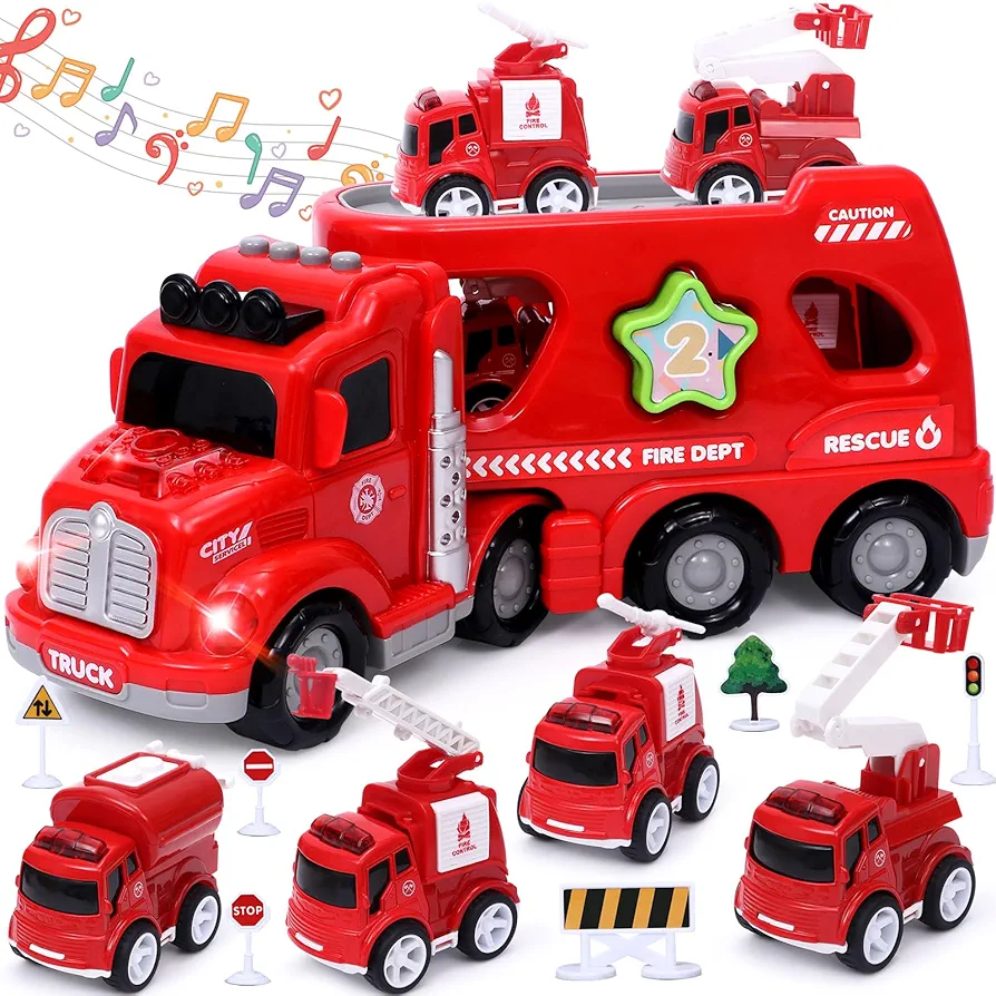 Golray Fire Truck Toddler Toys Gift for 2 3 4 5 Year Old Boys, Friction Vehicle Carrier Transport Car Toys with Light Sound Mist Spray, Christmas Birthday Gift Toy for Toddler Kids Boys 1-3