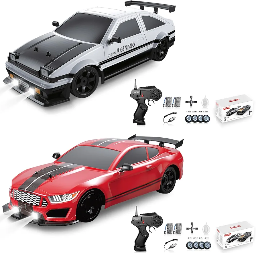 2PCS RC Drift Cars 2.4GHz 1:16 Scale 4WD High Speed Remote Control Cars with LED Lights Two Batteries and Drifting Tires Racing Sport Toy Cars for Adults Boys Girls Kids Gift