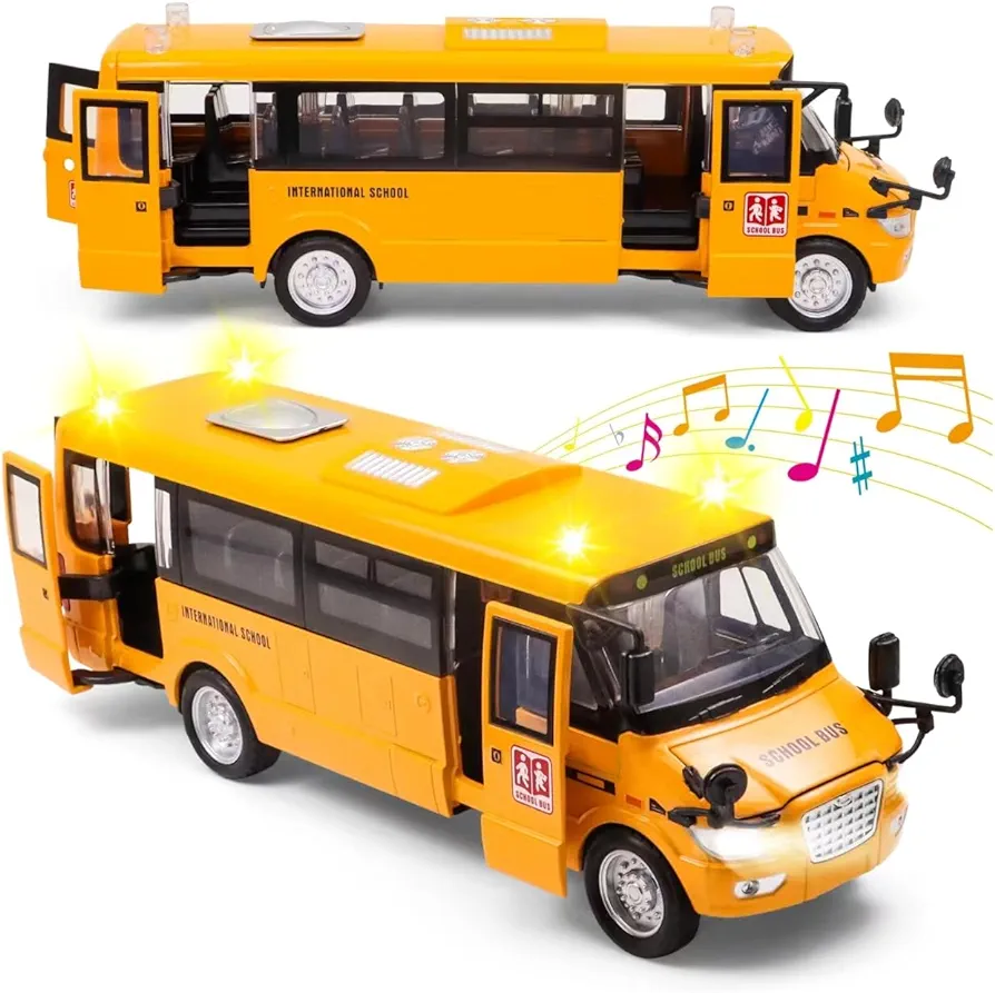 Ming You School Bus Toy for Toddlers - 9" Die-cast Pull Back Cars with Sounds Lights and Openable Doors, School bus toys for kids ages 4-8