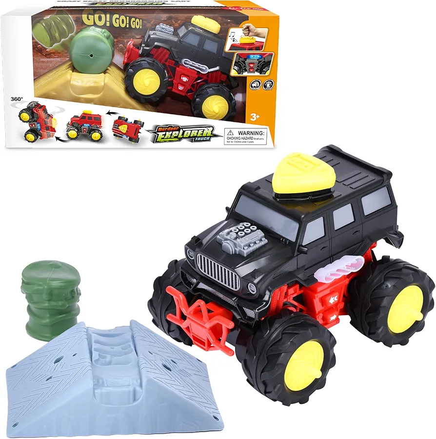 Dazmers Monster Trucks for Boys - Car Set with Oil Drum and Barricade Board - 4.7Hx5.3Lx6.1W-Inch Monster Truck Toys - Safari Jeep with Flashing Lights and Sound - Programmed Car with 5 Playing Modes