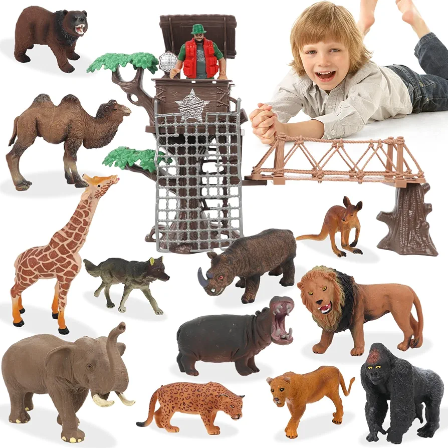 Safari Animal Figures Playset Toys, Realistic Animals Figurines with Wild Ranger,Adventure Station, Zoo African Jungle Animals Playset for Kids Boys Girls Toddlers Gift Set