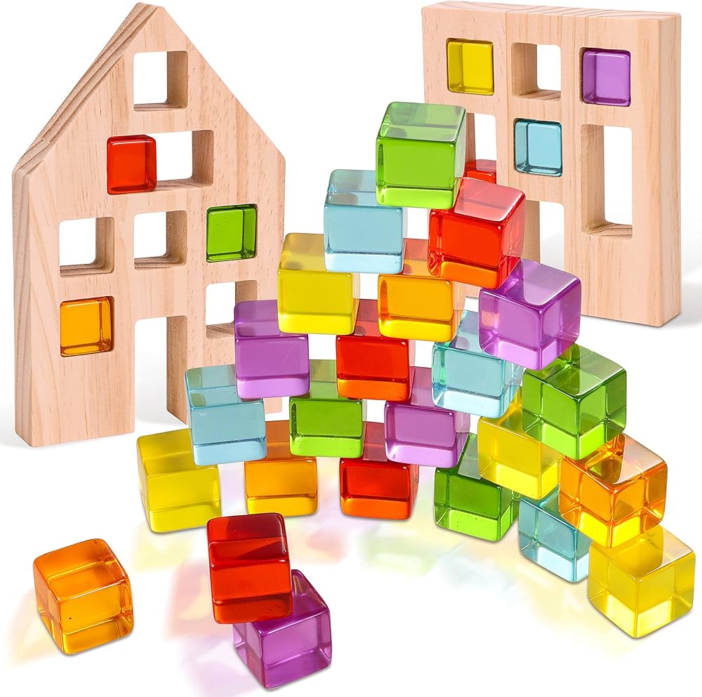 Wooden Building Blocks Set for Kids, 24 PCS Rainbow Gem Cubes Stacking Blocks - 2 Wood House, Montessori Stacking Toy for Toddlers, Educational STEM Birthday Toy for Boys Girls 3-6