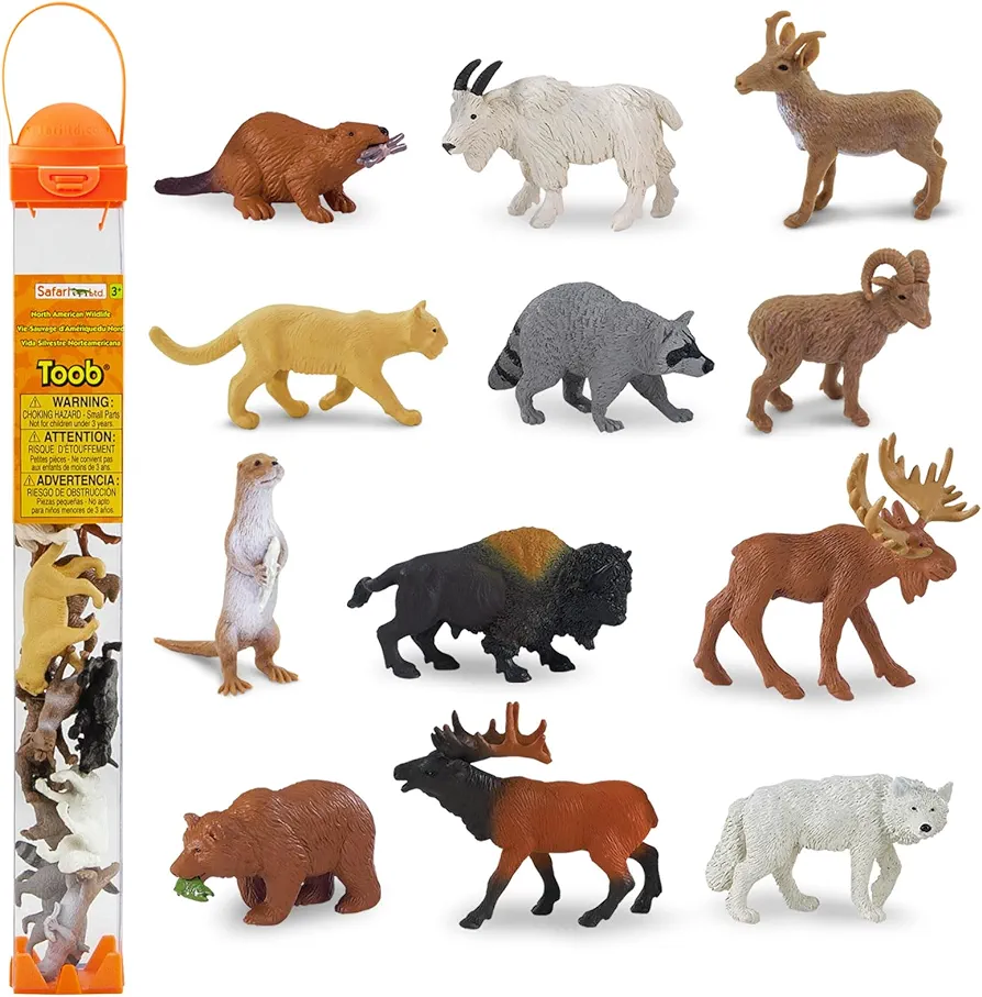 Safari Ltd. North American Wildlife TOOB - 12 Hand-Painted Mini Figurines Including Grizzly Bear, Bison, Moose, & More - Educational Toy Figures For Boys, Girls & Kids Ages 3+