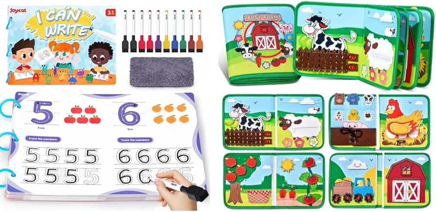 Farm Animal Busy Book for Toddlers Montessori Busy Board for 1 2 3 4 Year Old Boy Girl Birthday Gift+Preschool Learning Activities 48 Reusable Pages, Tracing Letter Number Workbooks