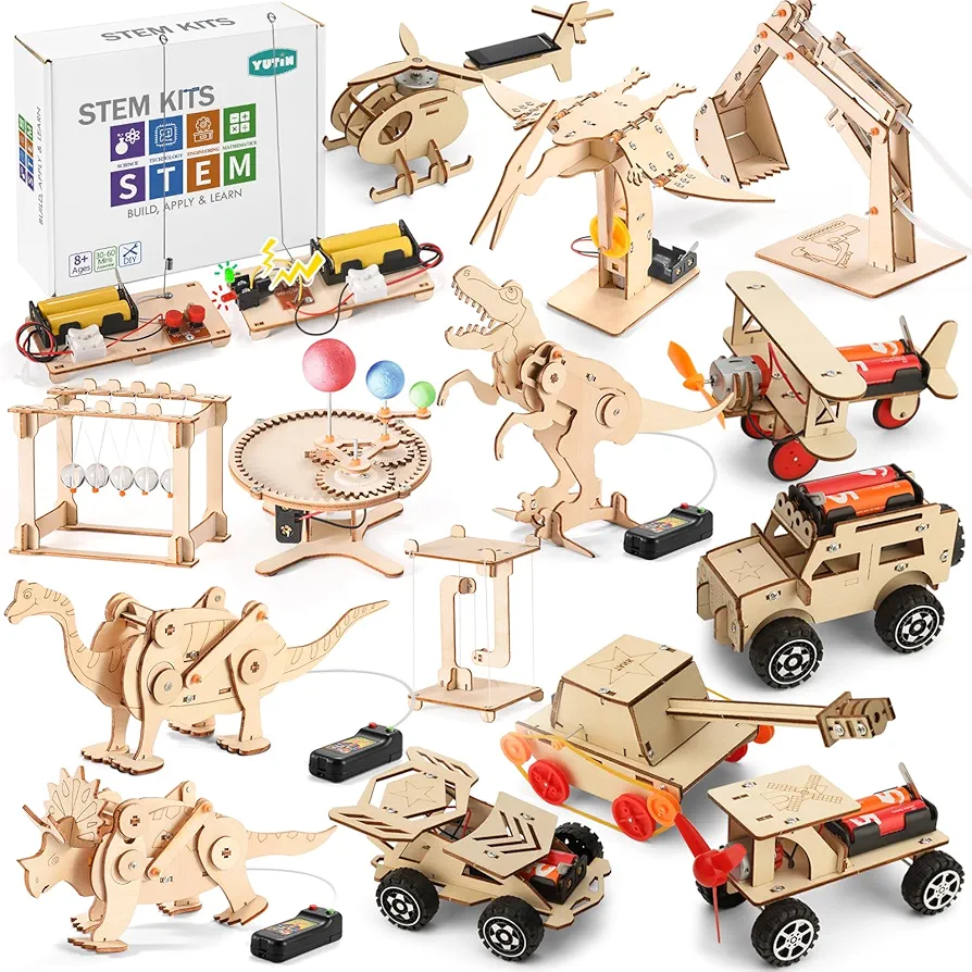 15 in 1 STEM Building Kits for Kids Ages 8-12, Wood Crafts for Boys 6-8. 3D Dinosaur Wooden Puzzles, Car Science Project Model Set, Christmas Gift for 6 7 8 9 10 11 12+ Years Old