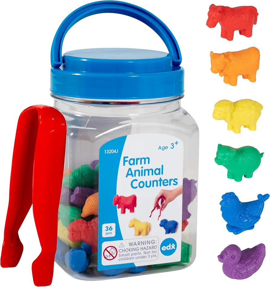 edxeducation - 13204 Farm Animal Counters - Mini Jar Set of 36 - Learn Counting, Colors, Sorting and Sequencing - Math Manipulative for Kids