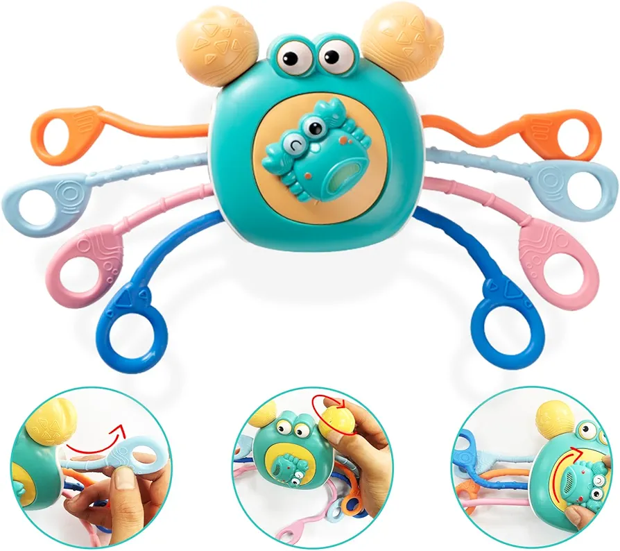 Baby Crab Pull String Toy - Infant Montessori Toys for 6-12 Months Sensory Teething Toys for Babies 12-18 Months Silicone Activity Toy for Car Seat Airplane Travel 1-3 Yr Toddler Boys Girls Gifts