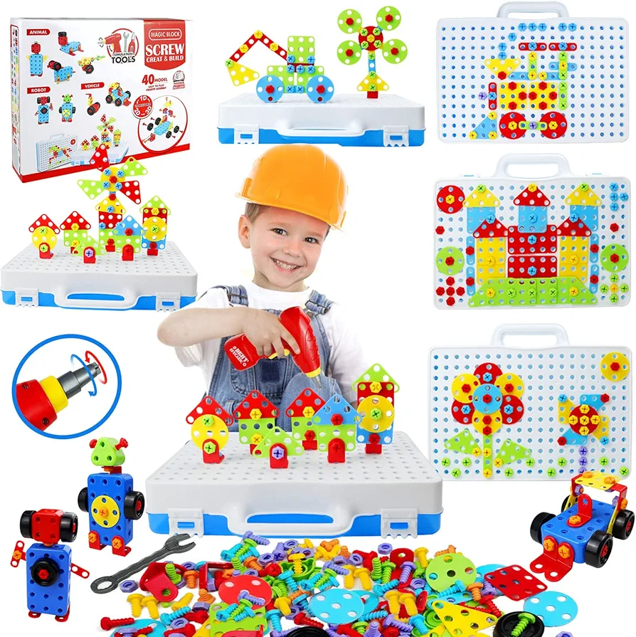 STEM Toys 232 Pcs Drill Set Building Blocks, DIY Educational Construction Engineering Toys, Creative Mosaic Electric Drill Set Gift for Age 3-8 Years Old Boys Kids, Girls