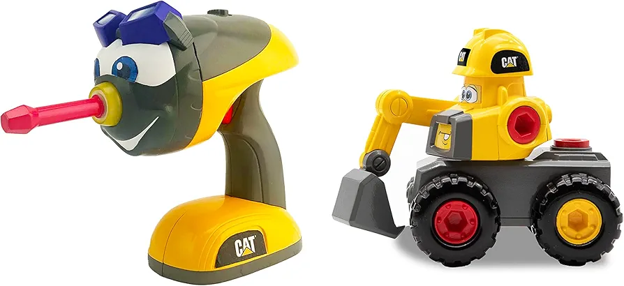 CAT Construction Toys, Fix-It Fleet Construction Toy Excavator, Ages 3+, Motorized Drill + Lights & Sounds, Improve Fine Motor Skills