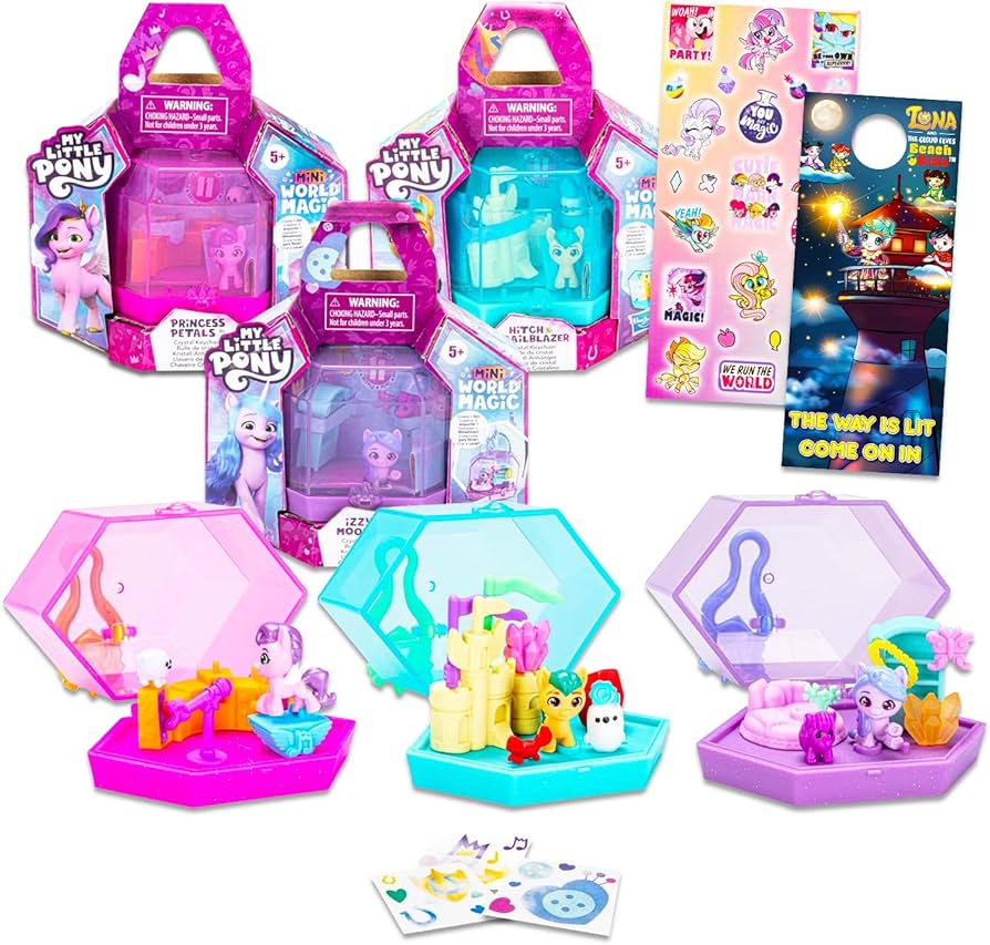 My Little Pony Toys for Girls 5-7 - My Little Pony Crystal Keychains Bundle With 3 My Little Pony Mini World Magic Playsets Featuring Trailblazer, Moonbow, and Princess Petals | My Little Pony Playset