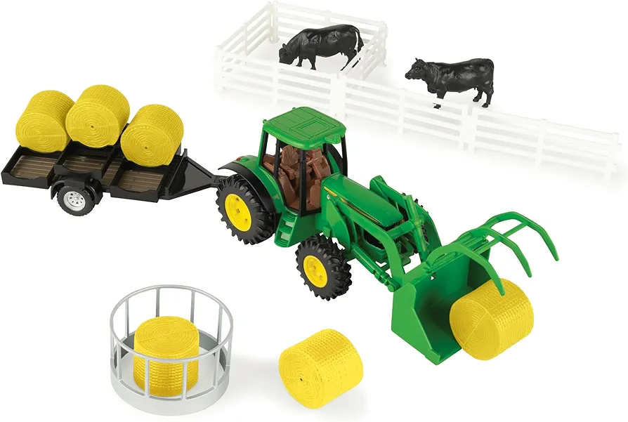 John Deere Haying Farm Playset - 1:32 Scale - Includes Tractor, Trailer, Farm Animals, and More Tractor Toys and Farm Toys - 21 Count - Ages 3 Years and Up