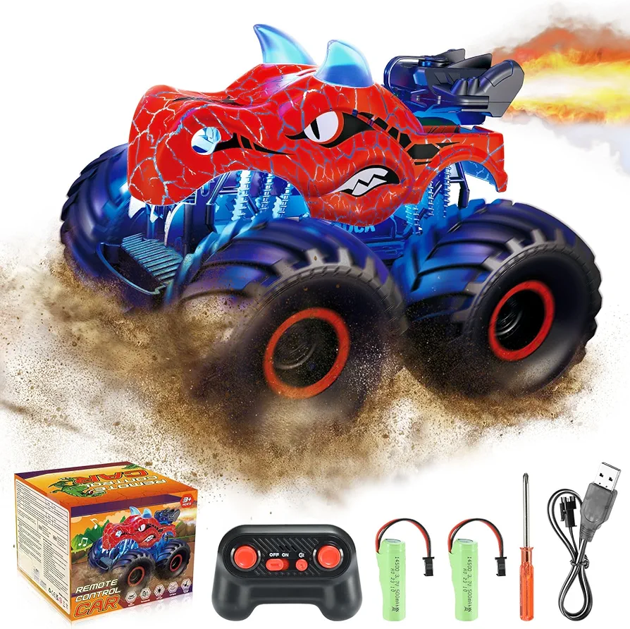 Monster Truck Toys RC Dinosaur Trucks Toys for Boys Remote Control Trucks for Boys 4-7 with Spray Dinosaur Toys for Kids 5-7 Birthday Gifts for 5-9 Year Old Boys