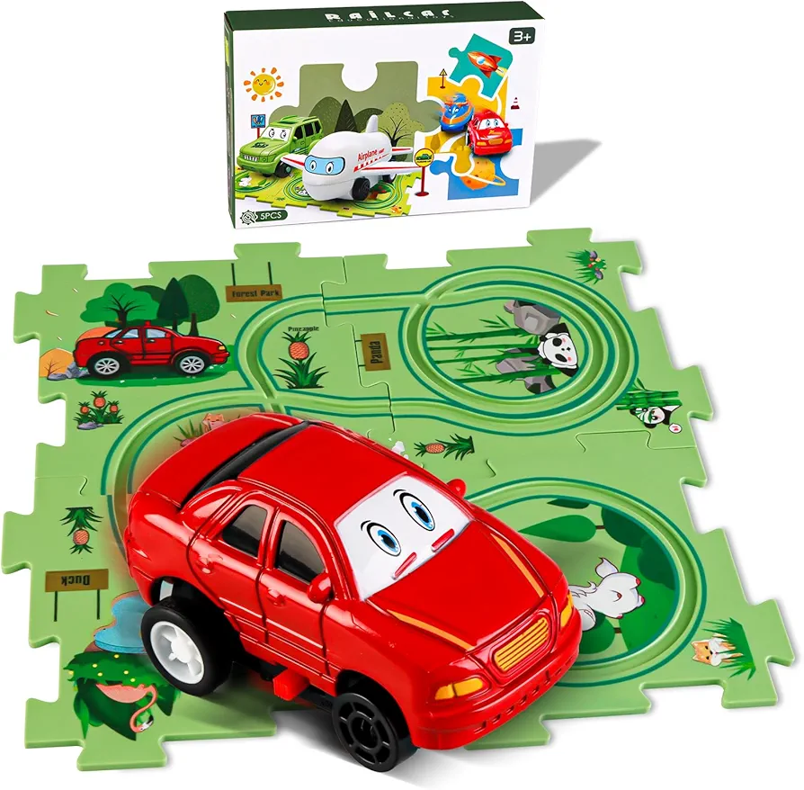 5PCS Children's Educational Puzzle Track Car Play Set, DIY Assembling Electric Trolley, RailCar Building Toys for Kids, Puzzle Track Play with Vehicles Puzzle Car Tracks for Kids-Animal Forest Series