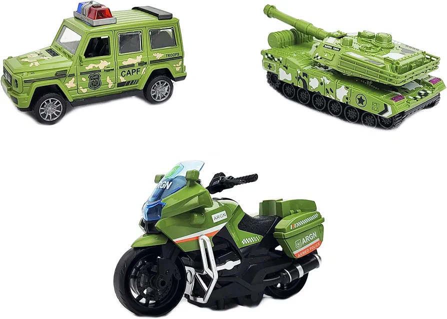 4 Pack Friction Powered Cars Pull Back Toy Cars Set - Military Tank, Car, Military Bike, Pull and Go Toy Cars for Boys