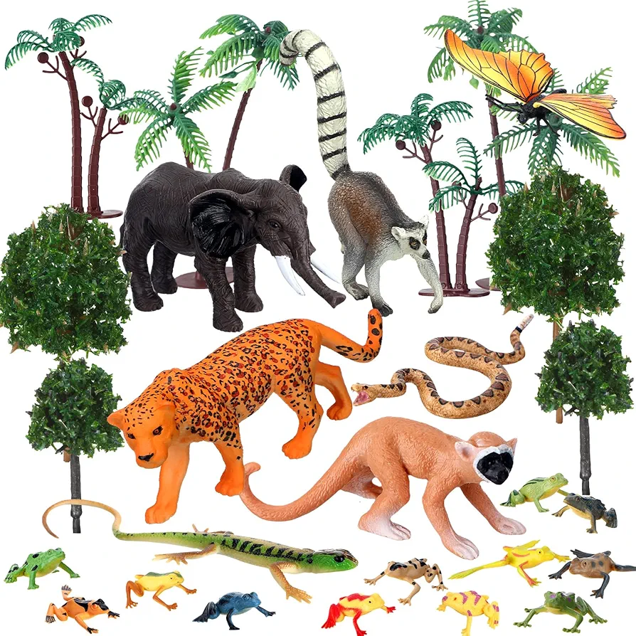 25 Pcs Rainforest Diorama Animals Figures Toys Set Assorted Creatures Rainforest Diorama Supplies Animals Model Trees for Birthday Party Favors, Pinata Fillers, for Boys and Girls