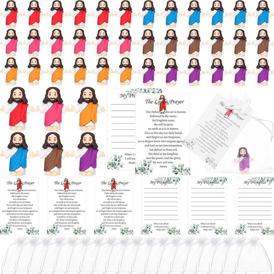 50 Pcs Mini Jesus Figurine Toys Set 50 Little Jesus Figures with 50 Prayer Card 50 Bag Baby Jesus Doll Savior Religious Party Favors for Christian Hide Sunday School Baptism Gift(Card No.3)