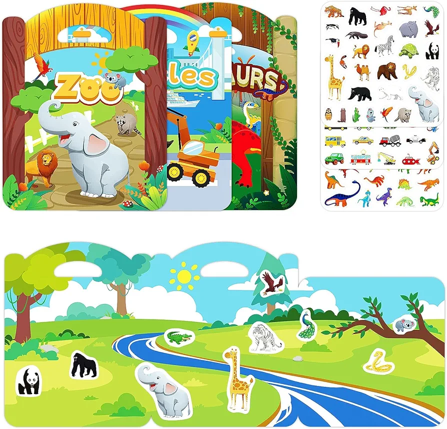 Reusable Stickers for Kids Toddlers, Sticker Book Preschool Learning Activities Educational Travel Toys (Animal +Vehicle +Dinosaur)