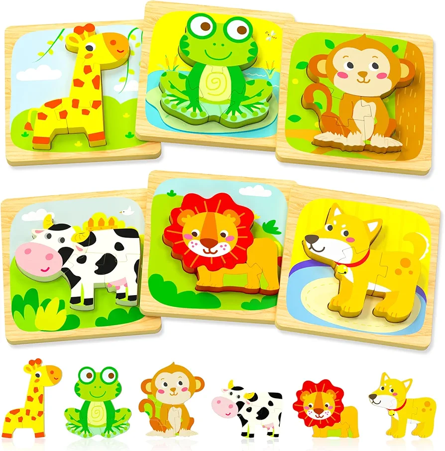 Benresive Wooden Toddler Puzzles, 6pcs Animal Montessori Toys for 1-3 Year Old Boys & Girls, Learning Educational Preschool Toys, Great Gifts for 1 2 3 Year Olds