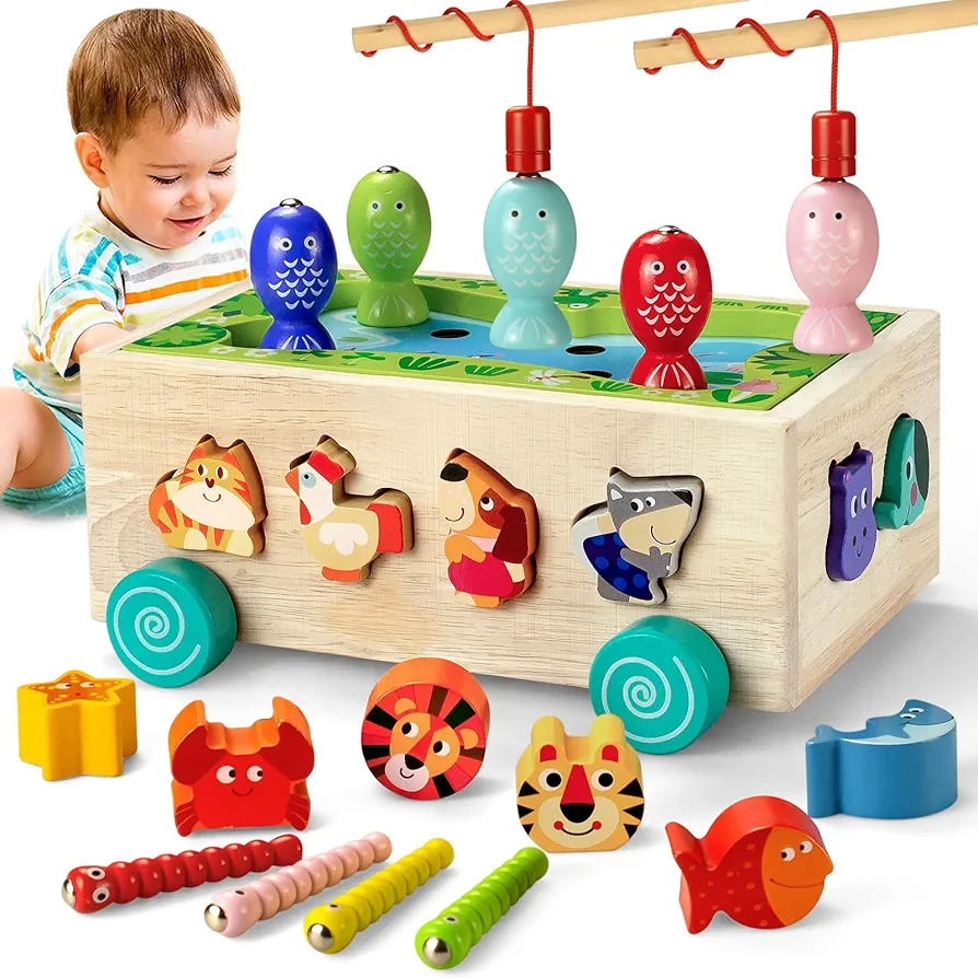 Montessori Toys for Toddlers 2-5 Years Old, Magnetic Fishing Game Wood Shape Sorting Toy, Kids Learning Fine Motor Skill Toys, Best Preschool Educational Gifts for Kids