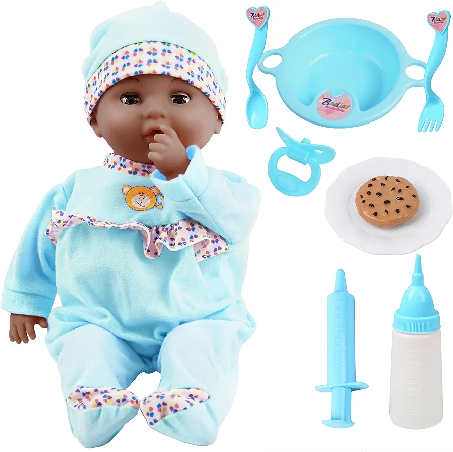 Toy Choi's Interactive Baby Doll Blue - 16 Inch Crying Talking Feeding Dolls with Different Sounds and Accessories, Pretend Play Preschool Toys for 2 3 4 5+ Year Old Girls Boys Gift, Black Doll