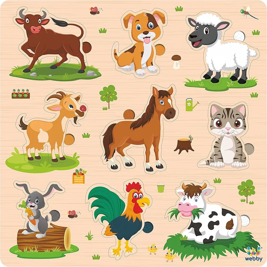 Webby Wooden Farm Animals Montessori Educational Pre-School Bright Colors Puzzle Board Toy for Boys and Girls Light Weight and No Sharp Edges