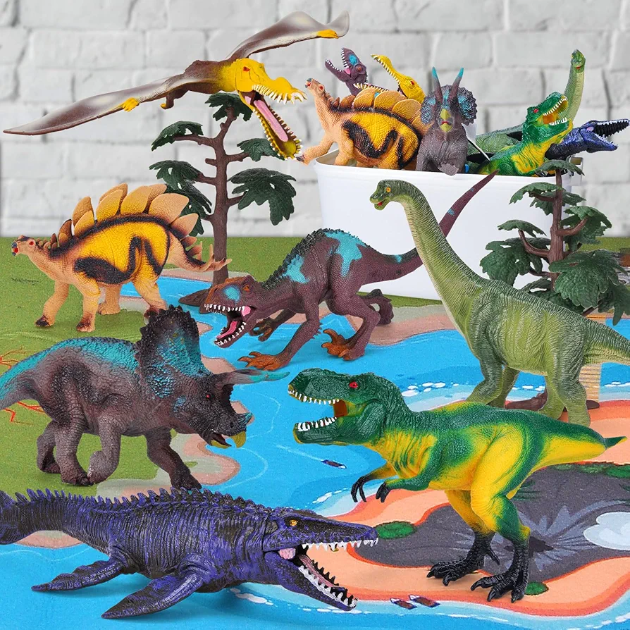 dinosur toys Game mat(Size 63x63 in)Set with 9 Realistic Dinosaur Action Figures for Kids 2 3 4 5 6 7 Years, Simulated Volcanic Eruptions w/Sounds, Box Can Store Dinos, Gift for Toddlers Boys & Girls