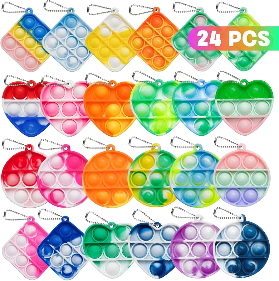 24 PCS Pop Fidget Toys Bulk Its Party Favors for Kids Toys 3 Shape Mini Pop Keychain It Birthday Goodie Bag Stuffers Fidgets for Kids Classroom Prizes End of Year Student Gifts Sensory Fidget Toy Pack