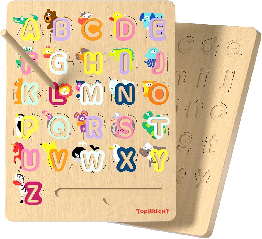 TOP BRIGHT Wooden Letters Practicing Board, Montessori Alphabet Tracing Board Learning Toys Double-Sided, Learning to Write ABC Fine Motor Educational Toy for 3 4 5 Year Old, Preschool Gift for Kid