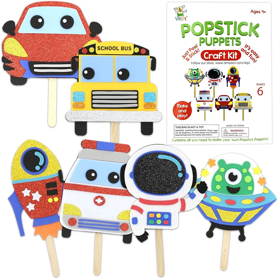 VKPI Make 6 Popstick Puppets Craft Kit for Kids, Foam Art Crafts Gift, Story Time Toys for Ages 4+ Toddler, Cars, Astronaut, Rocket, Spacecraft, Preschool Projects Game Craft, Birthday Party Favor