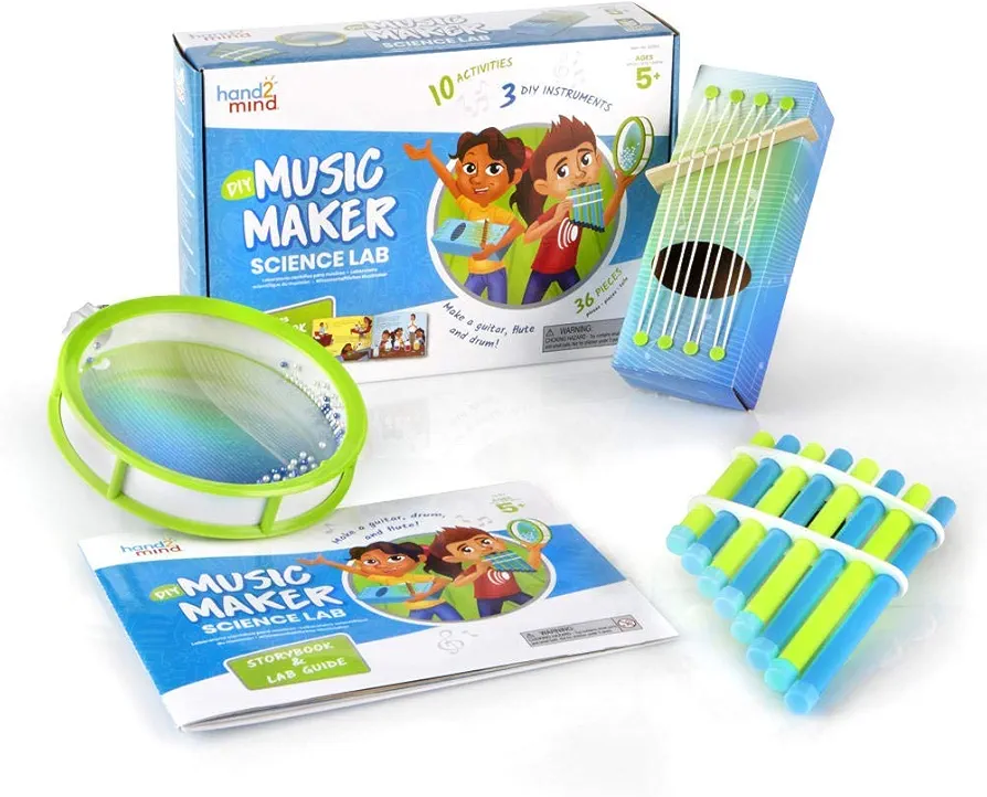 hand2mind Science Kit Music Maker, STEM Activities for Kids Ages 5-7, STEM Toys, Kids Storybook, Pan Flute, Ocean Drum, and Box Guitar, 10 At Home Science Experiments for Kids