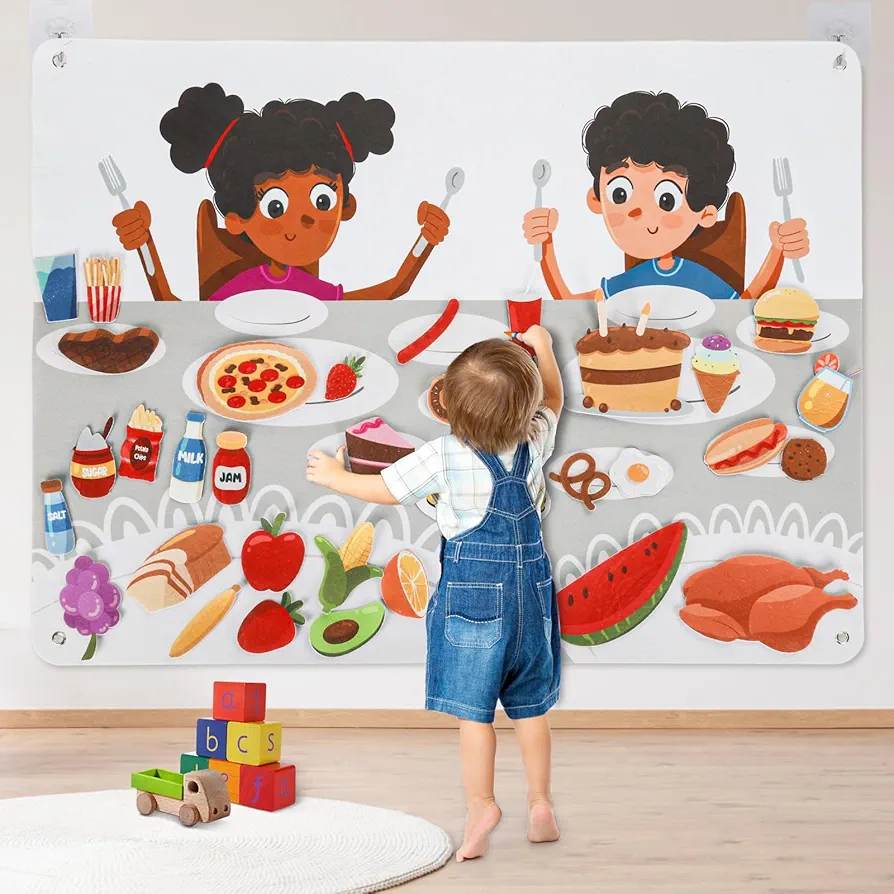 Large Felt Play Board 51x30 inches, 35 Kitchen Food Items with Self Adhesive Dots, Play Kitchen Play Food for Toddles Ages 1-3-5, Preschool Interactive Toy, Gift for Toddlers Kids Under 3