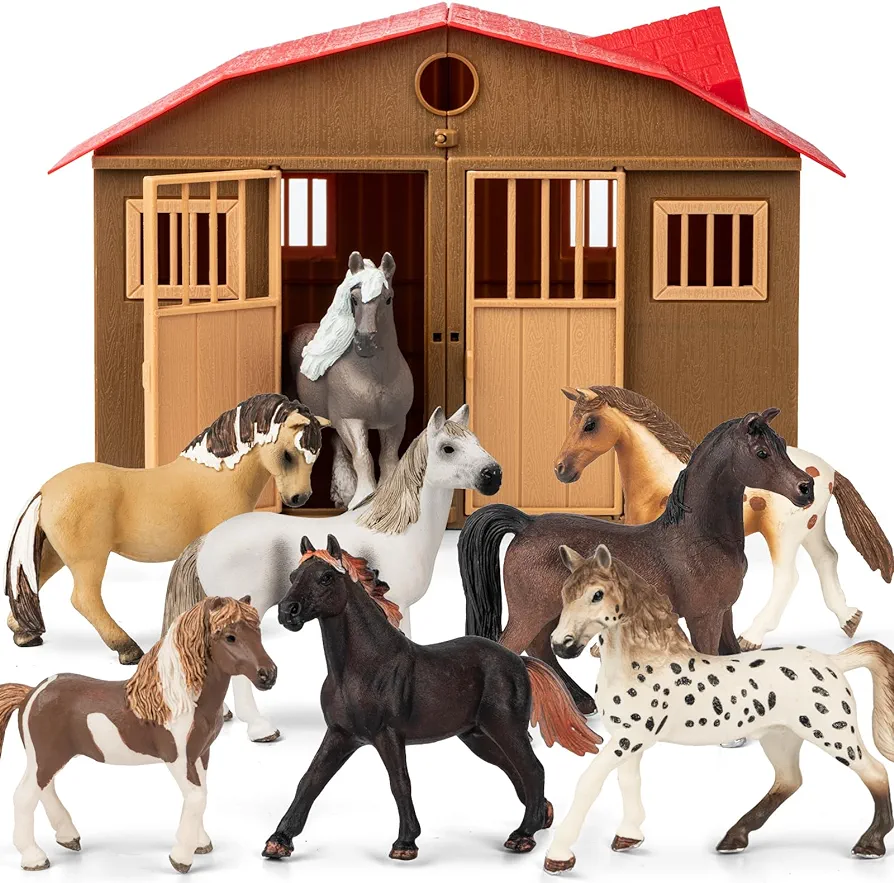 8 in 1 Horse Toy Set for Girl Age 6-12, 8 Pcs Realistic 5 inch Plastic Horse Figure with Horse Stable, Horse Toy Figurine Farm Animal Gift for Boy Toddler Kid Horse Birthday Party Decoration Supplies