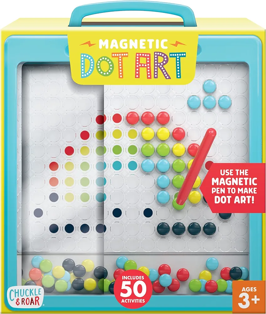 Chuckle & Roar - Magnetic Dot Art Designer - Kids color by number toy - Mess Free stencil art for preschoolers - Magnetic Pen and stencils included