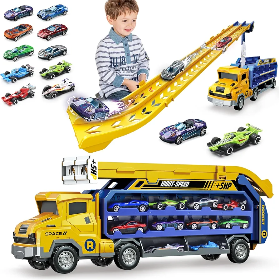 Mostop Carrier Truck Race Track Toy for Kids, Folded Car Race Track Playset with 10 Die-Cast Metal Racing Cars Toy, Adventure Car Toy Race Track,Transport Car Carrier Truck Toy Gift for Boys Age 3-6