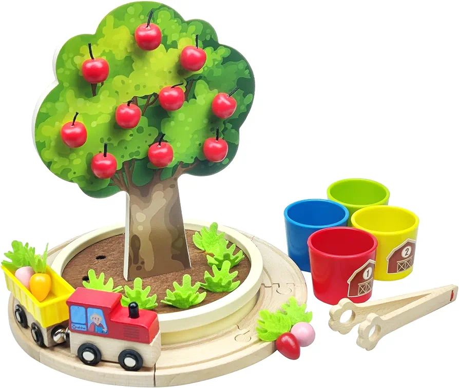 Wooden Montessori Toys for Toddlers, Kids Carrot Harvest Game Apple Picking Magnetic Fruit Tree Toy, Color Memory Shape Sorting Fine Motor Skill Preschool Educational Gifts for 3 4 5 6 Years Old