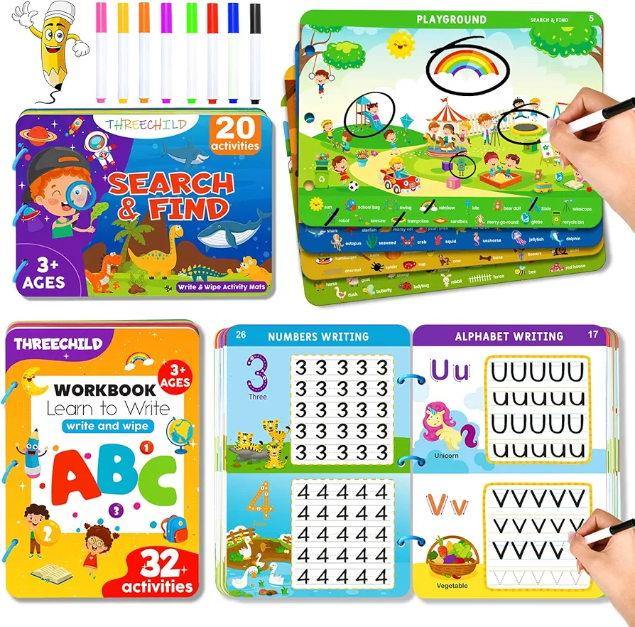 Preschool Learning Activities Kindergarten Workbook - [2-Pack] Educational Montessori Workbook for Handwriting Practice, Search and Find - Classroom Must Haves - Teacher Must Haves - School Supplies