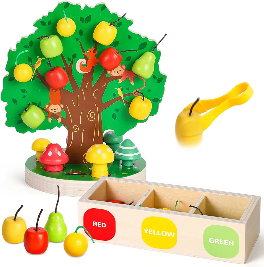 Toddler Fine Motor Skill Toy - Apple Picking Magnetic Fruit Tree Toy | Montessori Wooden Color & Shape Sorting Puzzle | Early Learning Preschool Educational Birthday Toy for Kids 3-6