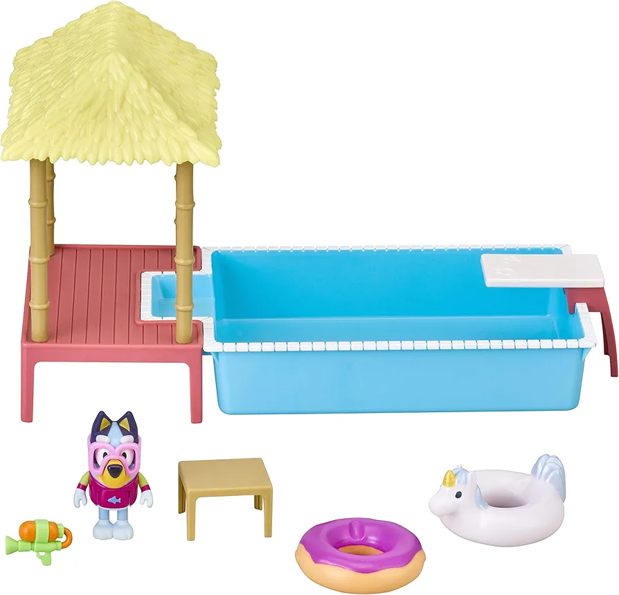 Bluey Pool Playset and Figure, 2.5-3 inch Articulated Figure and Accessories with 1x Bluey Figure, 1x Pool Playset, 1x Donut Floaty, 1x Unicorn Floaty, 1x Squirter Gun