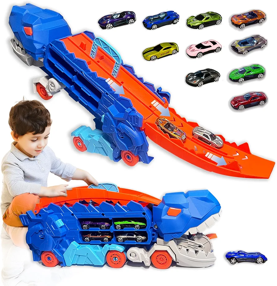 Dinosaur Transport Truck for 3 4 5 6 Years Old Boys,Carrier Truck with Foldable Sliding 25 Inchs Race Track and 12 Die-cast Cars,Transforms Into Standing T-rex,Ideal Gift for Boys and Girls