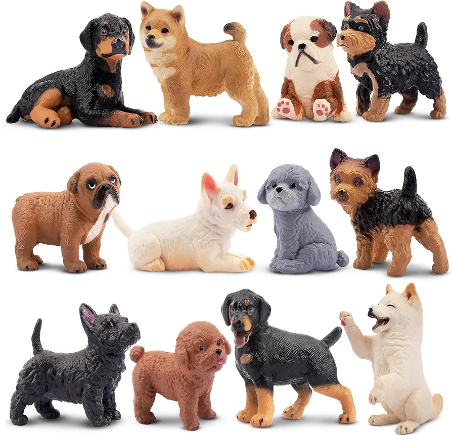 12PCS Dog Figurines, Realistic Plastic Puppy Figurines, Hand Painted Emulational Tiny Dogs Animals Toy, Dog Cake Topper Christmas Birthday Gift for Kids & Toddlers