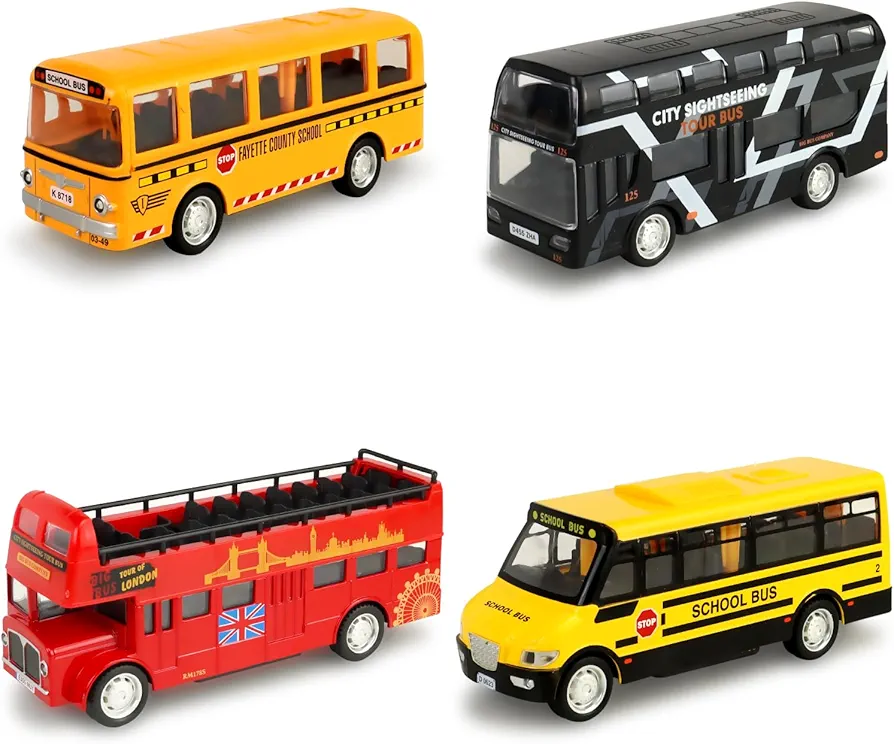 CORPER TOYS Bus Toys Die Cast Metal Toy Cars Pull Back School Bus Double Decker London Vehicles Friction Powered City Sightseeing Tour Bus Play Vehicle Toy Set for Kids 4 Pack