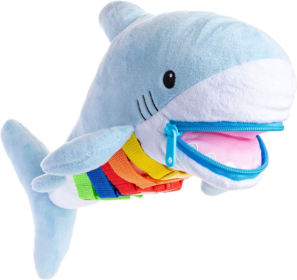 Buckle Toys - Bruce Shark Stuffed Animal - Montessori Learning Activity Travel Toy for Toddlers - Develop Motor Skills and Problem Solving