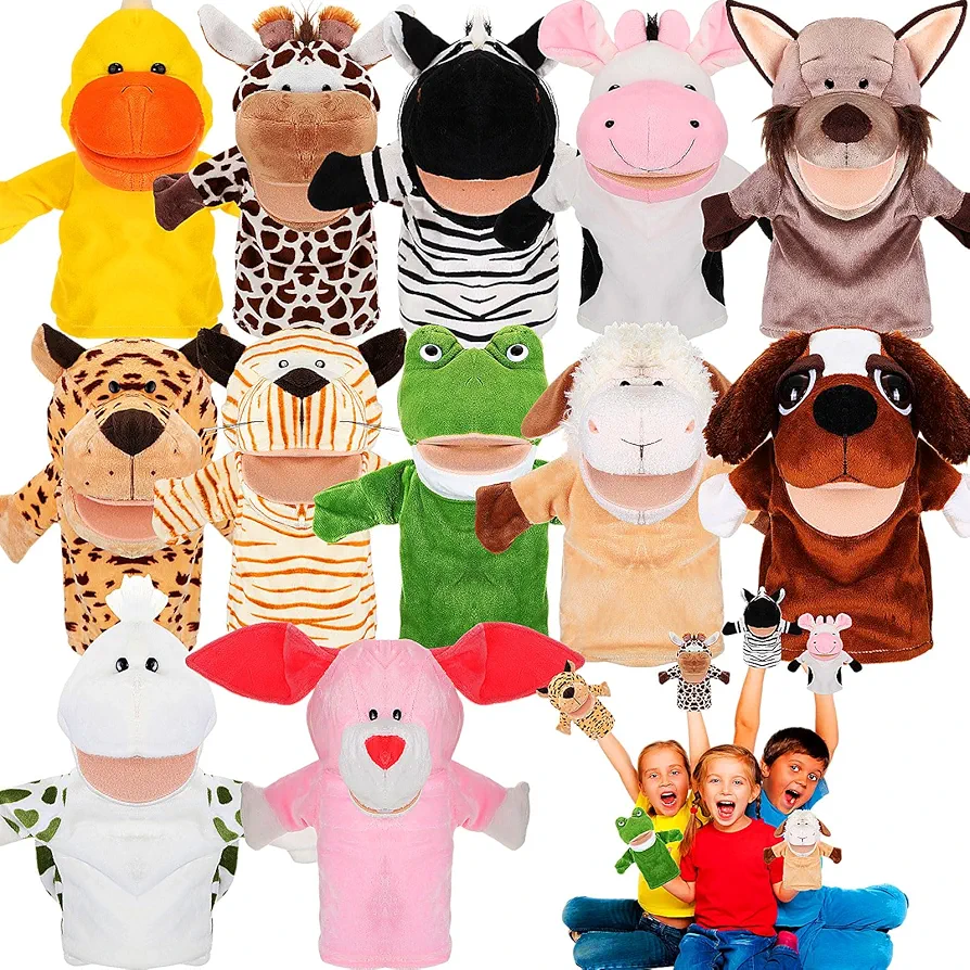 12 Pieces Puppets for Kids Plush Animal Hand Puppet with Open Movable Mouth Puppets Toy for Toddler School Classroom Preschool Birthday Gift(Delicate Style)